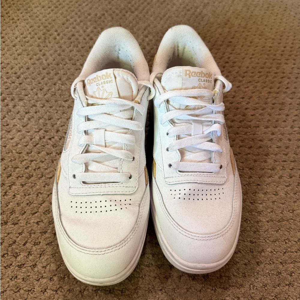 Reebok Classic White Sneakers with Gold Accents